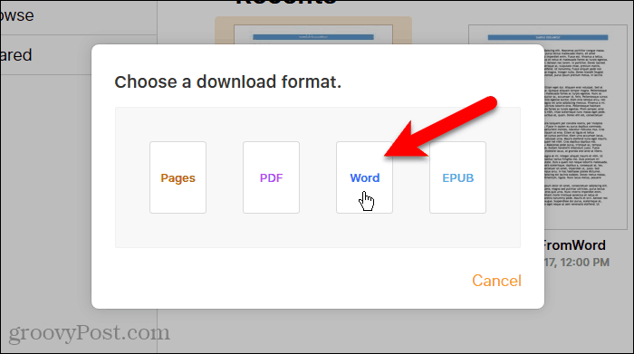 Fai clic su Word nella finestra di dialogo Scegli un formato di download in Pagine su iCloud