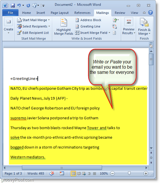 Schermata di Outlook 2010: scrivi il contenuto della posta elettronica di massa