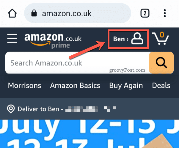 Tocca l'icona del profilo Amazon