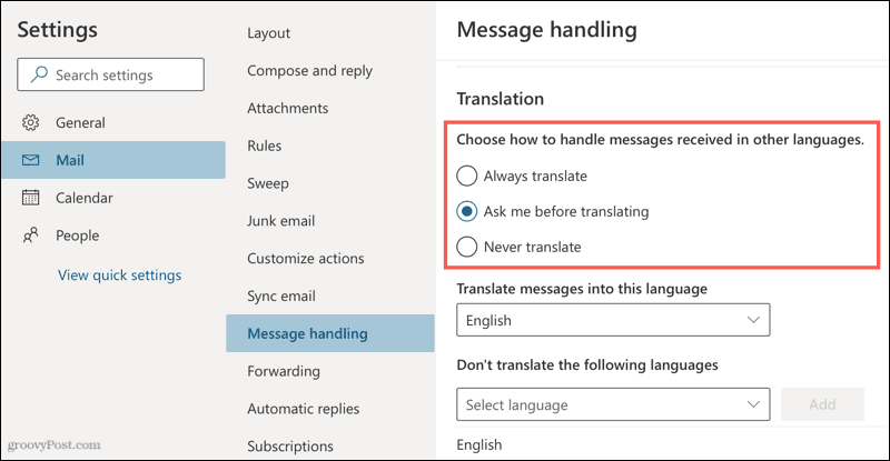 Impostazioni di traduzione in Outlook online