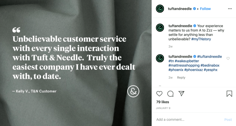 grafico della citazione del cliente dall'account Instagram di Tuft and Needle