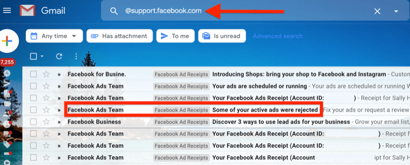 esempio di un filtro gmail per @ support.facebook.com per isolare tutte le notifiche e-mail di annunci di Facebook
