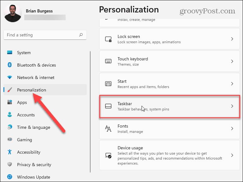 Accesso al menu delle impostazioni di personalizzazione in Windows 11