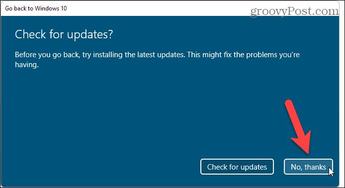 Scegliere di non controllare gli aggiornamenti quando si esegue il rollback da Windows 11 a Windows 10