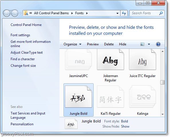 una vista sul pannello di controllo dei caratteri di Windows 7