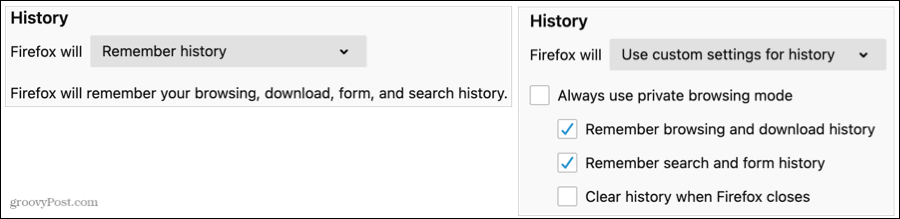 Impostazioni cronologia in Firefox