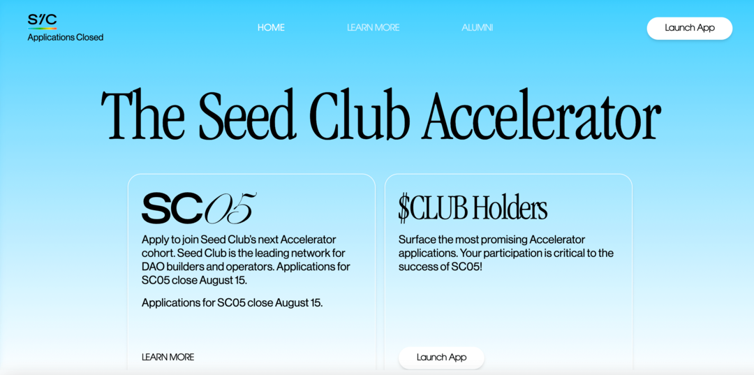 pagina di destinazione del programma seed-club-dao-acceleratore