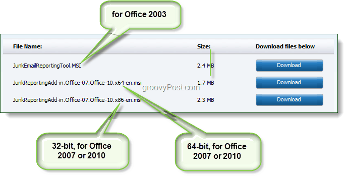 scarica lo strumento di segnalazione per posta indesiderata per Office 2003, Office 2007 o Office 2010