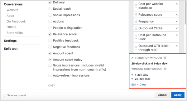 il gestore degli annunci di Facebook personalizza i clic delle colonne e visualizza le conversioni