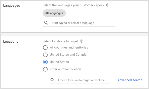 Impostazioni di lingue e località per la campagna AdWords di Google.