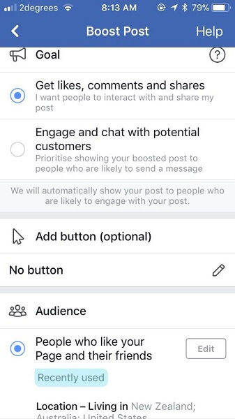 Facebook ora chiede quali sono gli obiettivi dei professionisti del marketing quando promuovono un post.
