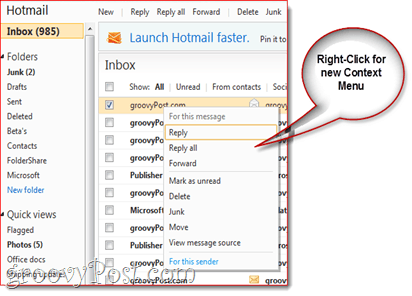 Hotmail Nuovo menu contestuale del tasto destro