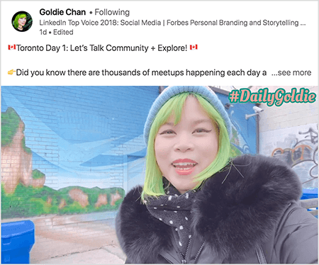 Questo è uno screenshot di un video LinkedIn in cui Goldie Chan documenta i suoi viaggi. Il testo sopra il video dice "Toronto Day 1: Let