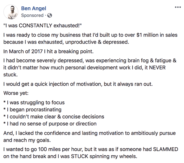 Come scrivere e strutturare post sponsorizzati da Facebook basati su testo più lungo, passaggio 1, esempio di dichiarazioni retrospettive di Ben Angel