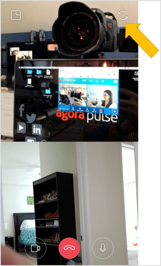 Tocca l'icona della doppia freccia in alto a destra dello schermo per passare alla fotocamera posteriore in qualsiasi momento durante la chat video live di Instagram.