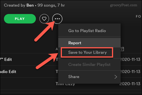 Salvataggio di una playlist di Spotify in una libreria utente