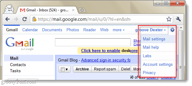 menu a discesa delle impostazioni della posta di Gmail