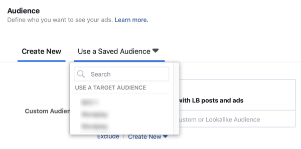 Possibilità di utilizzare un pubblico salvato per una campagna pubblicitaria principale di Facebook.