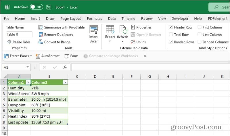 risultati di query web excel