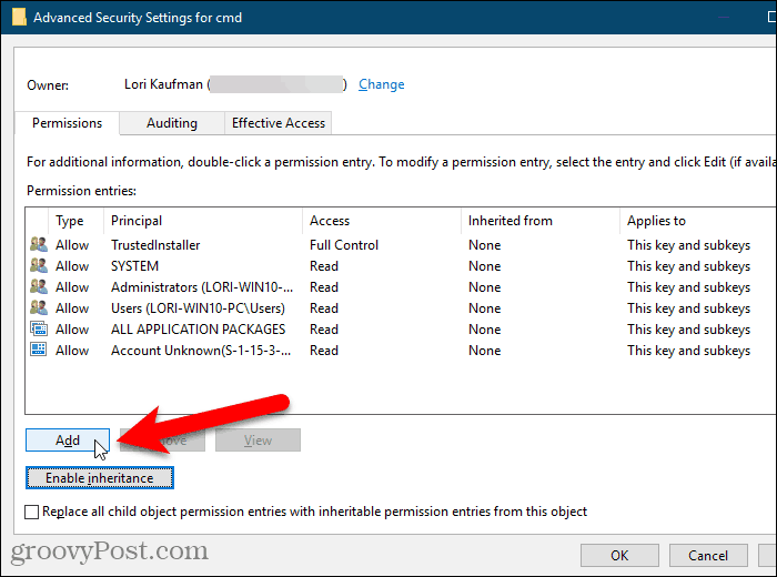 Fai clic su Aggiungi nella finestra di dialogo Impostazioni di sicurezza avanzate nel registro di Windows
