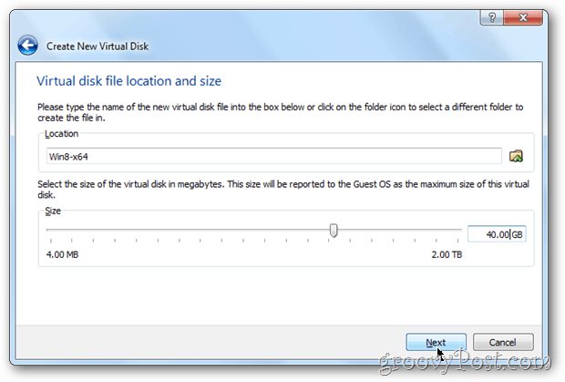 Windows 8 configura le dimensioni del disco di VirtualBox