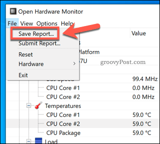 Salvataggio di un report di Open Hardware Monitor