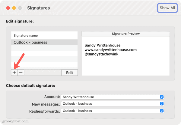 Aggiungi una nuova firma in Outlook su Mac