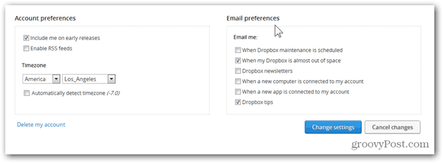 dropbox configura le preferenze e-mail