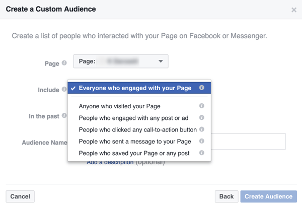 Crea un pubblico personalizzato di persone che hanno interagito con la tua attività su Facebook.