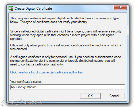 Crea un certificato digitale autofirmato in Office 2010