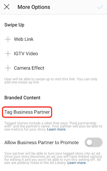 Opzione Tagga partner commerciale per le storie di Instagram