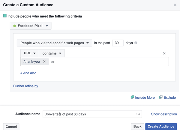 Per creare un pubblico personalizzato di Facebook di acquirenti precedenti, aggiungi l'URL della tua pagina di ringraziamento.
