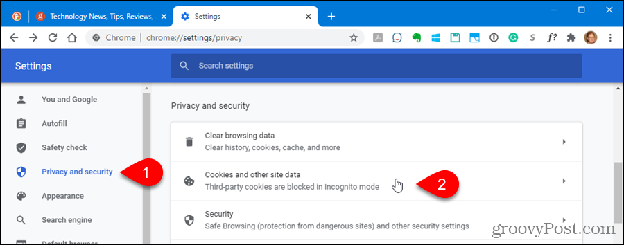 Fare clic su Cookie e dati dei siti nelle impostazioni di privacy e sicurezza in Chrome