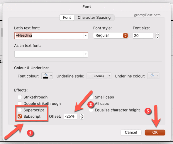 Modifica del carattere in pedice o apice in Powerpoint su Mac