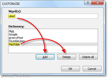 aggiungere o rimuovere parole dal file del dizionario personalizzato di Office 2010