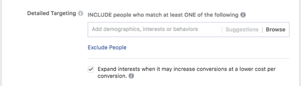 Usa le inclusioni e le esclusioni di Facebook per mettere a punto il tuo pubblico.