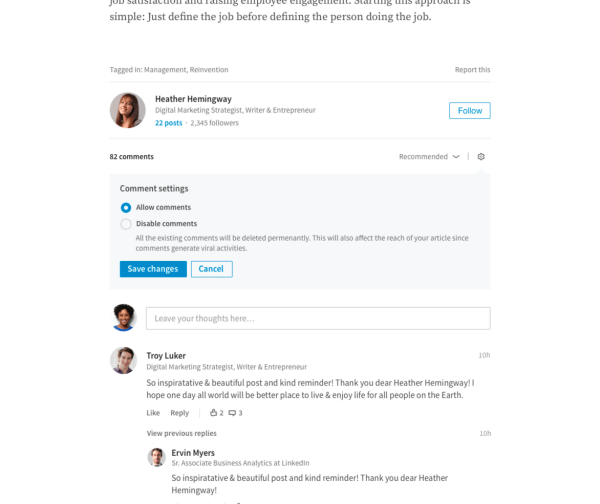 LinkedIn ha implementato la possibilità per gli editori di gestire direttamente i commenti sui loro articoli di lunga durata.