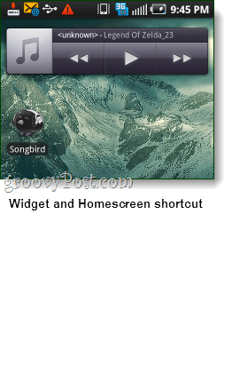 widget di songbird android e screenshot di shorcut