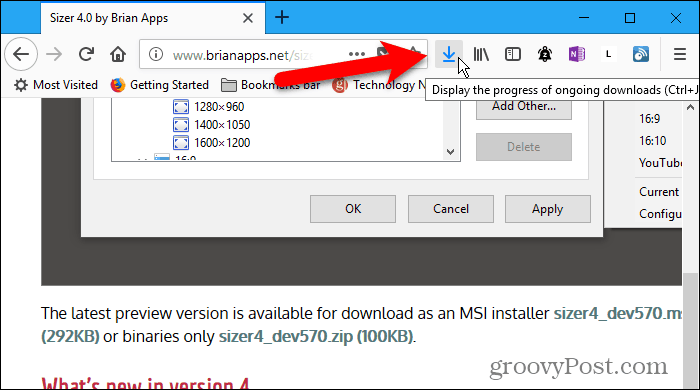 Il pulsante Download viene visualizzato sulla barra degli strumenti durante il download in Firefox