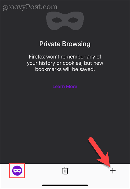 Tocca il pulsante Nuova scheda nella modalità di navigazione privata in Firefox su iOS