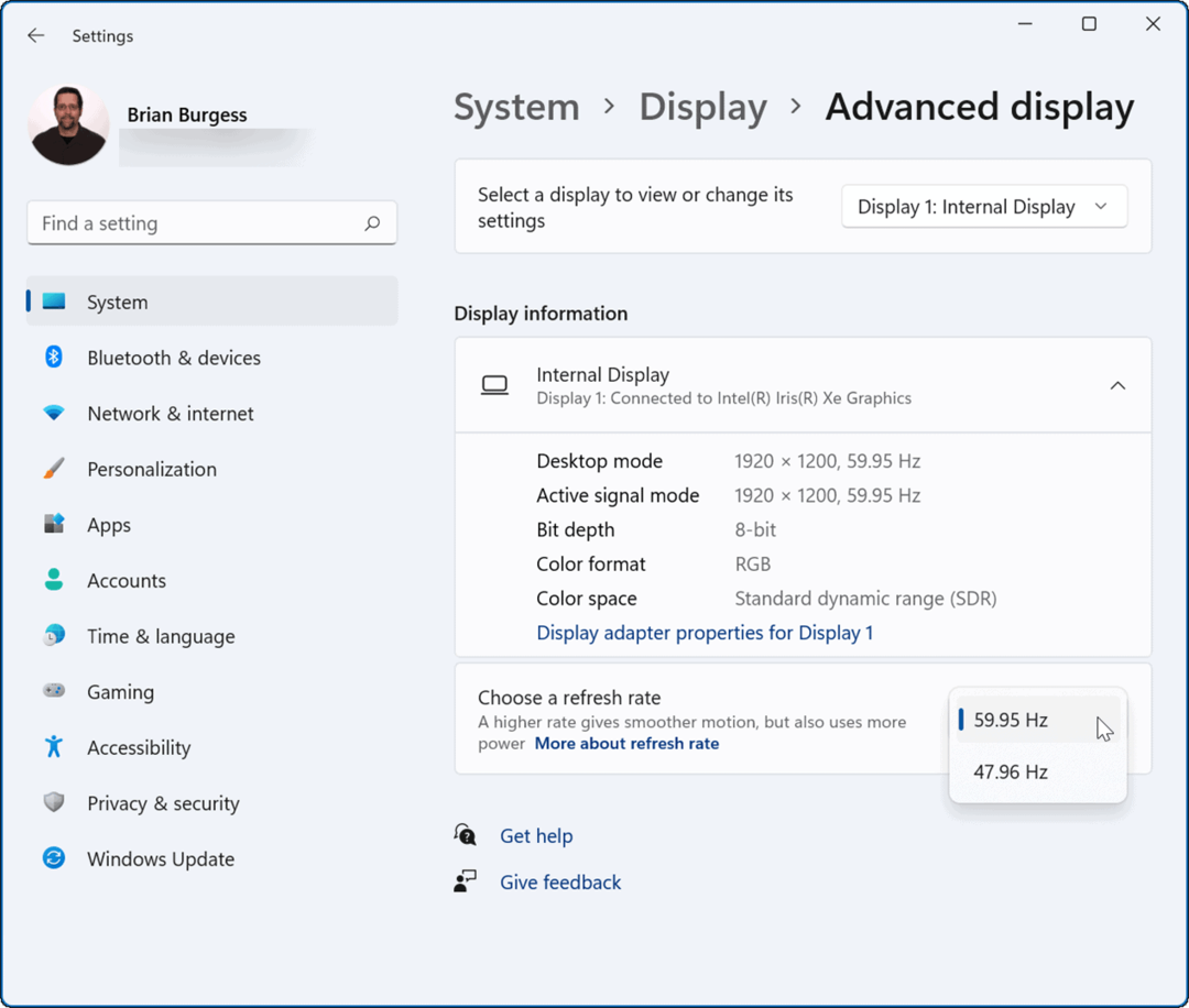 cambia la frequenza di aggiornamento in Windows 11