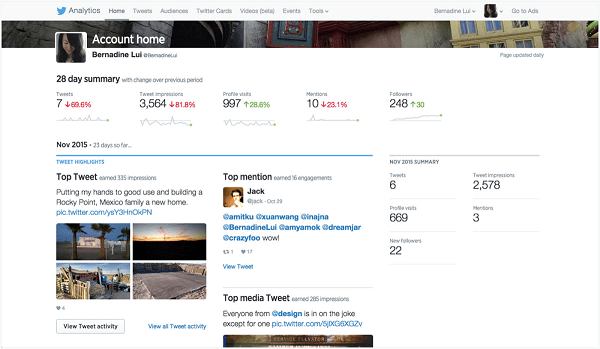 home page di twitter analytics