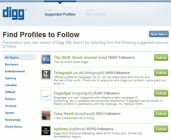 Nuovo accesso Digg - Passaggio 1 - Trova i profili