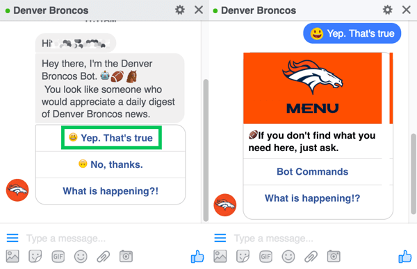 Il chatbot di Denver Broncos invita gli utenti a registrarsi per il loro digest giornaliero.