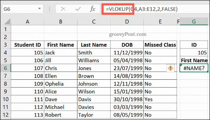 Una formula VLOOKUP errata in Excel, che restituisce un errore NAME