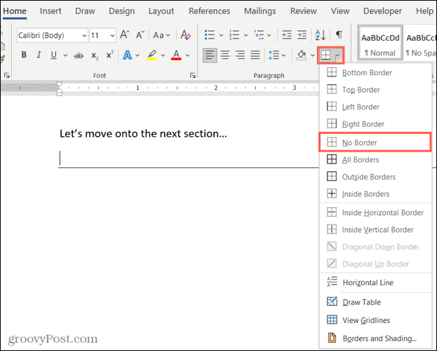 Seleziona Nessun bordo per rimuovere una linea orizzontale in Word