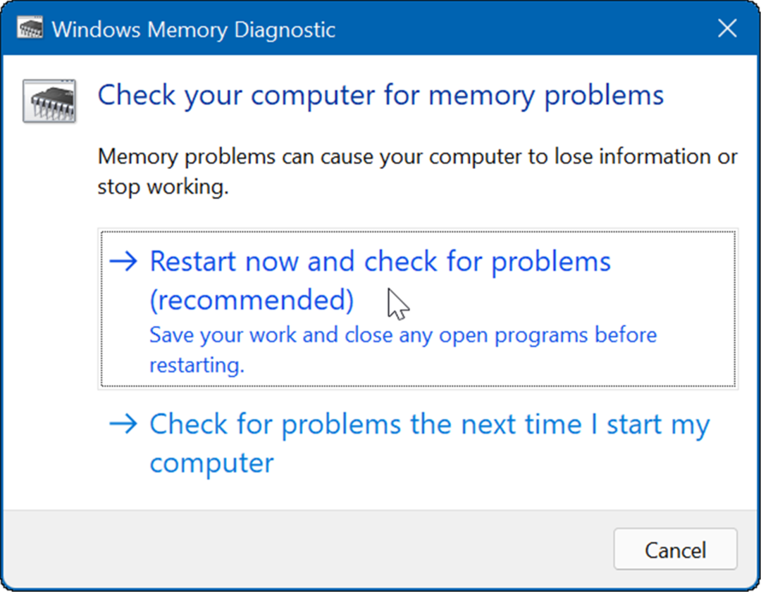 diagnostica della memoria di Windows