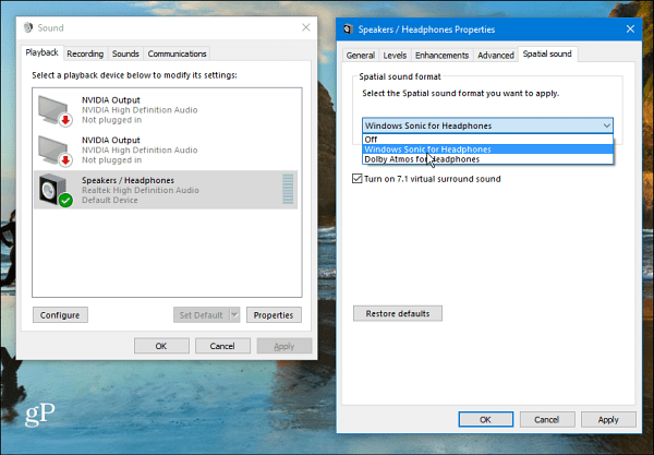 Impostazioni audio spaziale di Windows 10