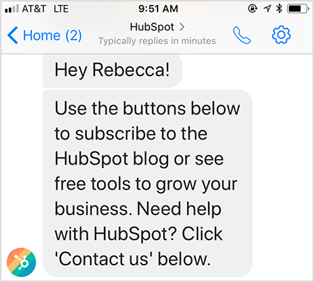 Il messaggio di benvenuto del chatbot di HubSpot ti consente di contattare un essere umano.