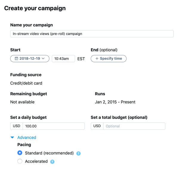 Esempio di impostazioni della campagna per l'annuncio Twitter Visualizzazioni video in-stream (pre-roll).